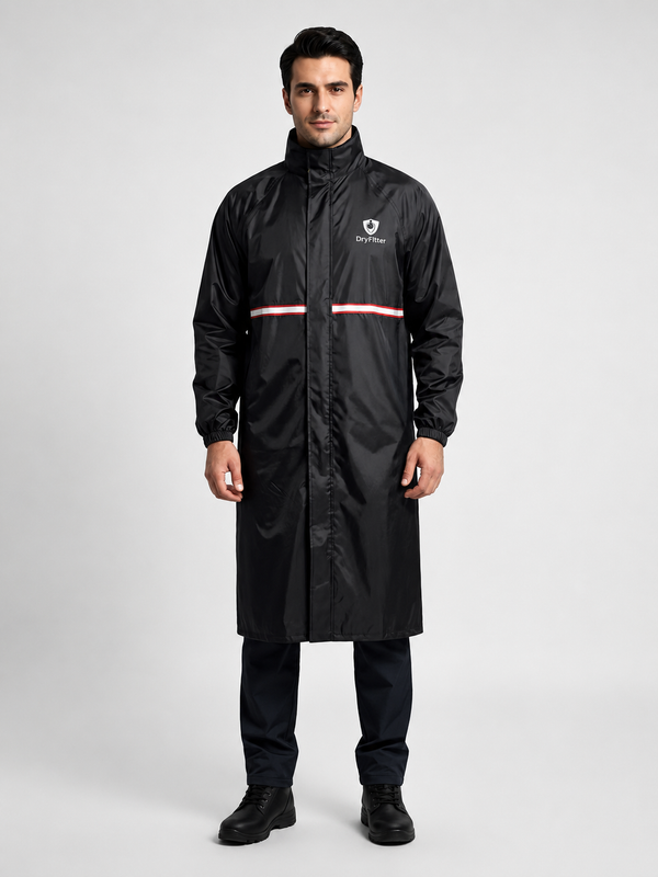 Heavy Duty Waterproof Long Rain Coat - Black | Dry Fitter