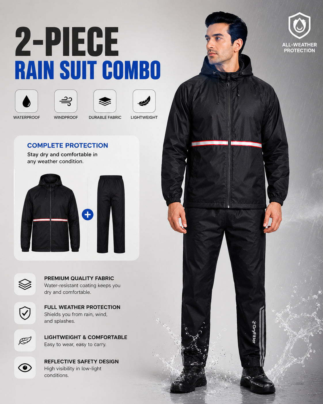 2-Piece Rain Suit Combo - Waterproof Hooded Jacket + Rain Pants | Dry Fitter