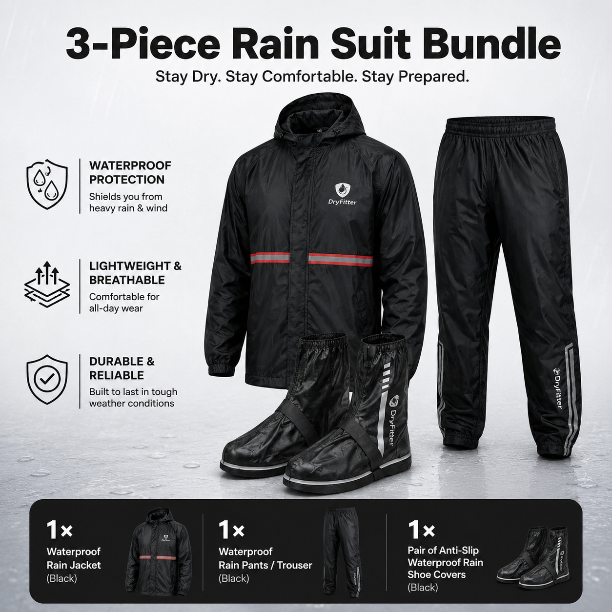 3-Piece Rain Suit Bundle  | Buy Rain Coat+ Pant + Shoe Covers