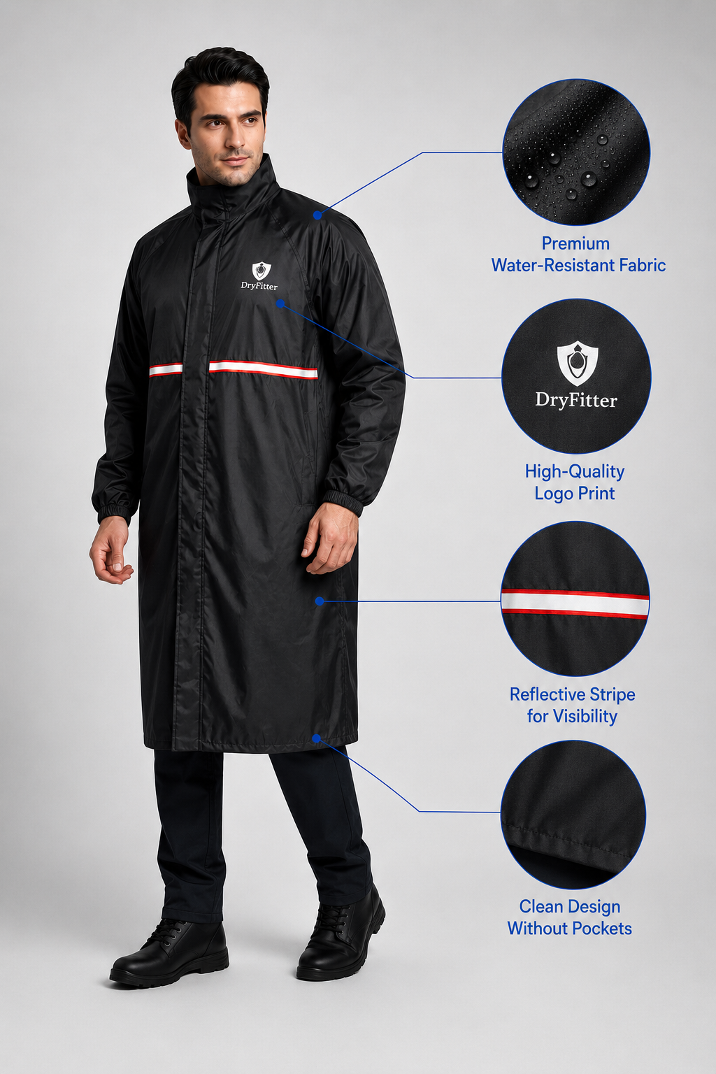 Heavy Duty Waterproof Long Rain Coat - Black | Dry Fitter