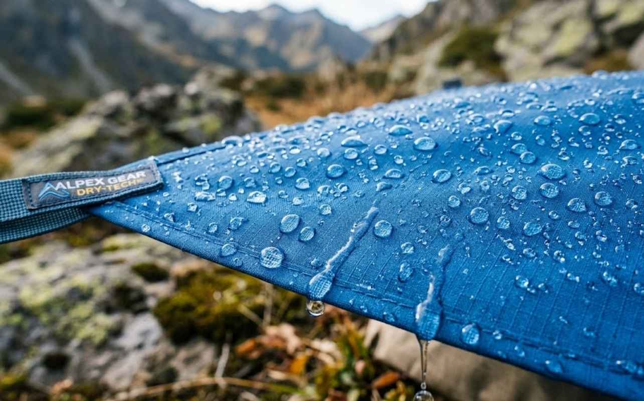 Blue tarp with water droplets on a mountainous background